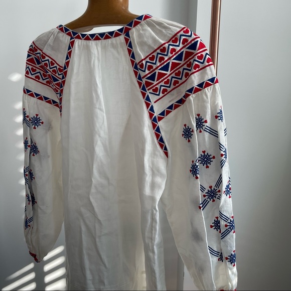 MARCH 11 Tunic Dress White Linen Embroidered Balloon Sleeve Peasant Button Front - Picture 10 of 11